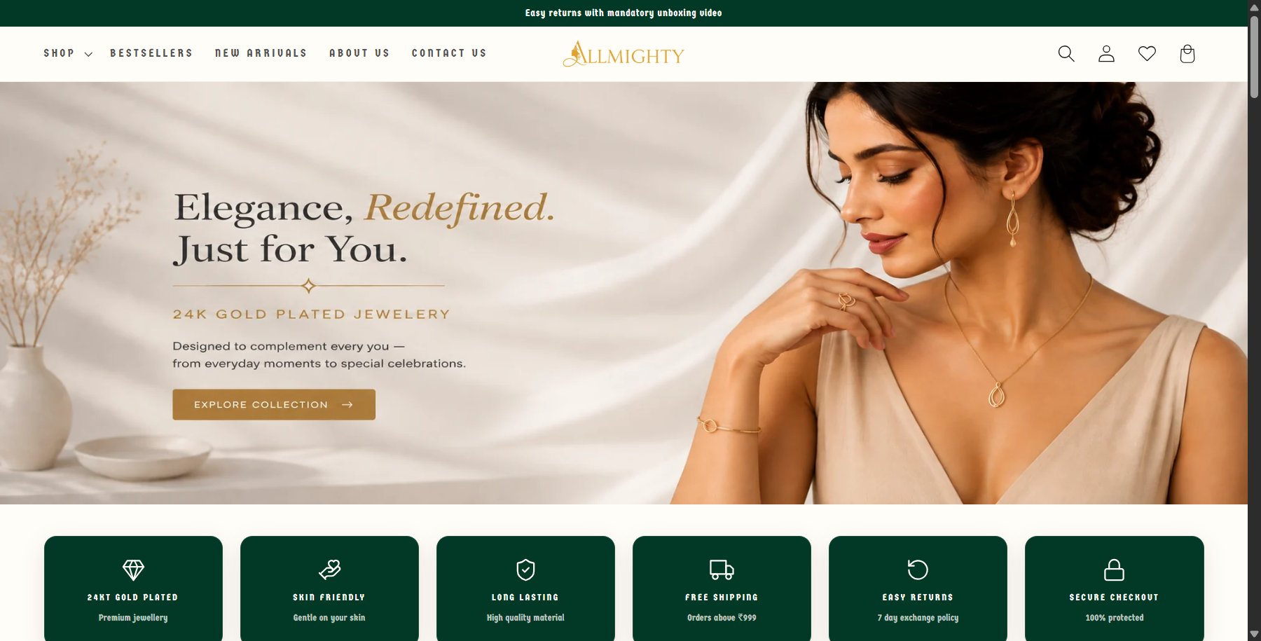 Allmighty Jewellery homepage hero showing the premium jewellery storefront