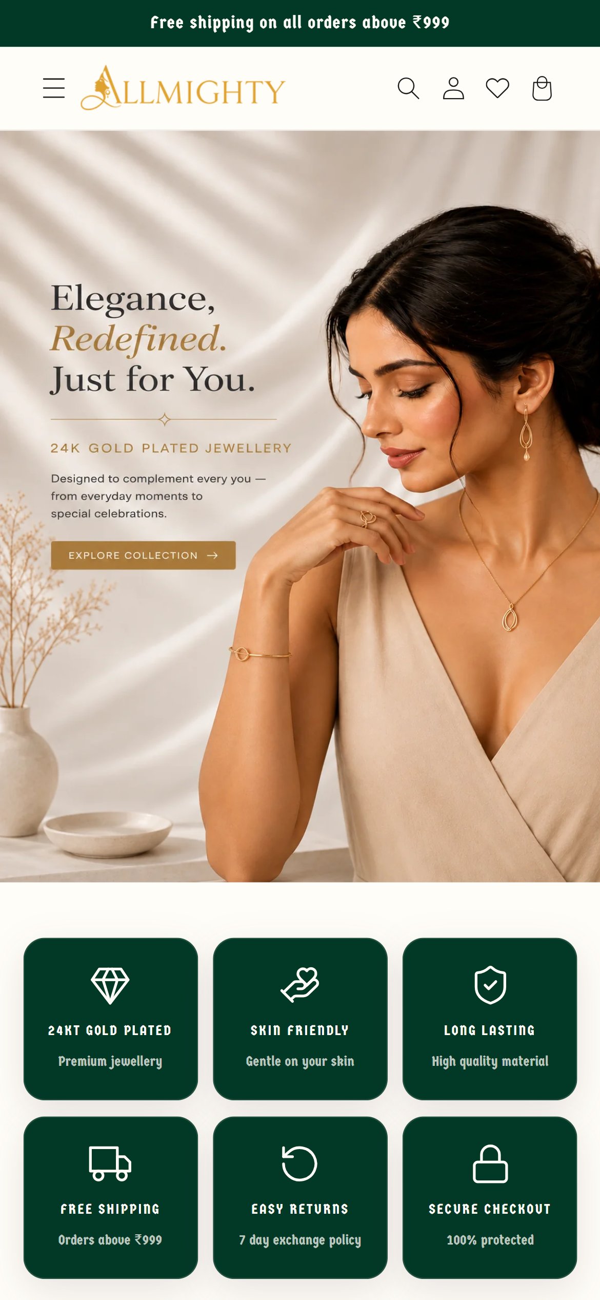 Allmighty Jewellery mobile storefront showing the homepage and collection experience
