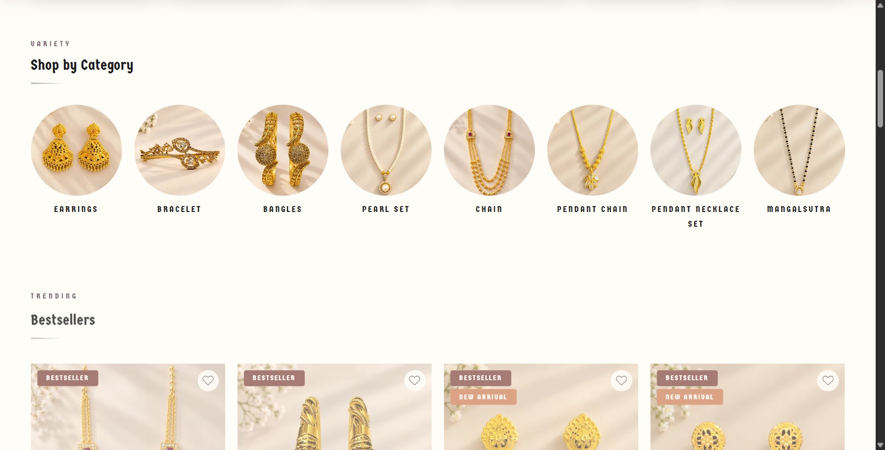 Allmighty Jewellery collection navigation and product presentation on desktop