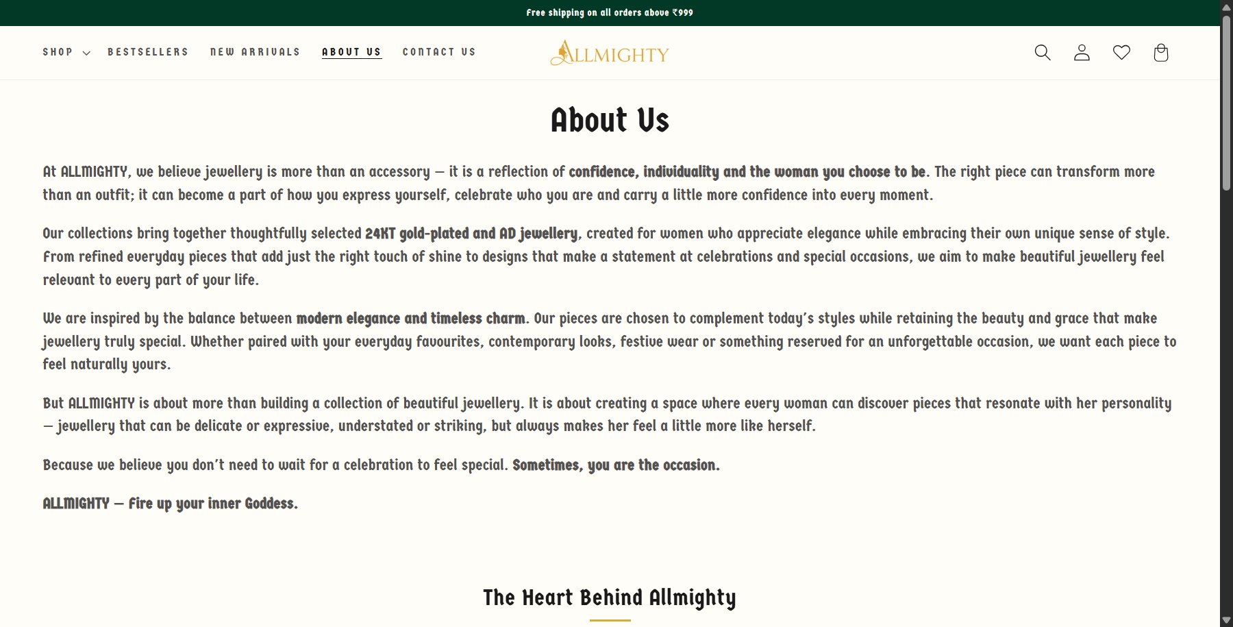 Allmighty Jewellery about page with brand and founder story