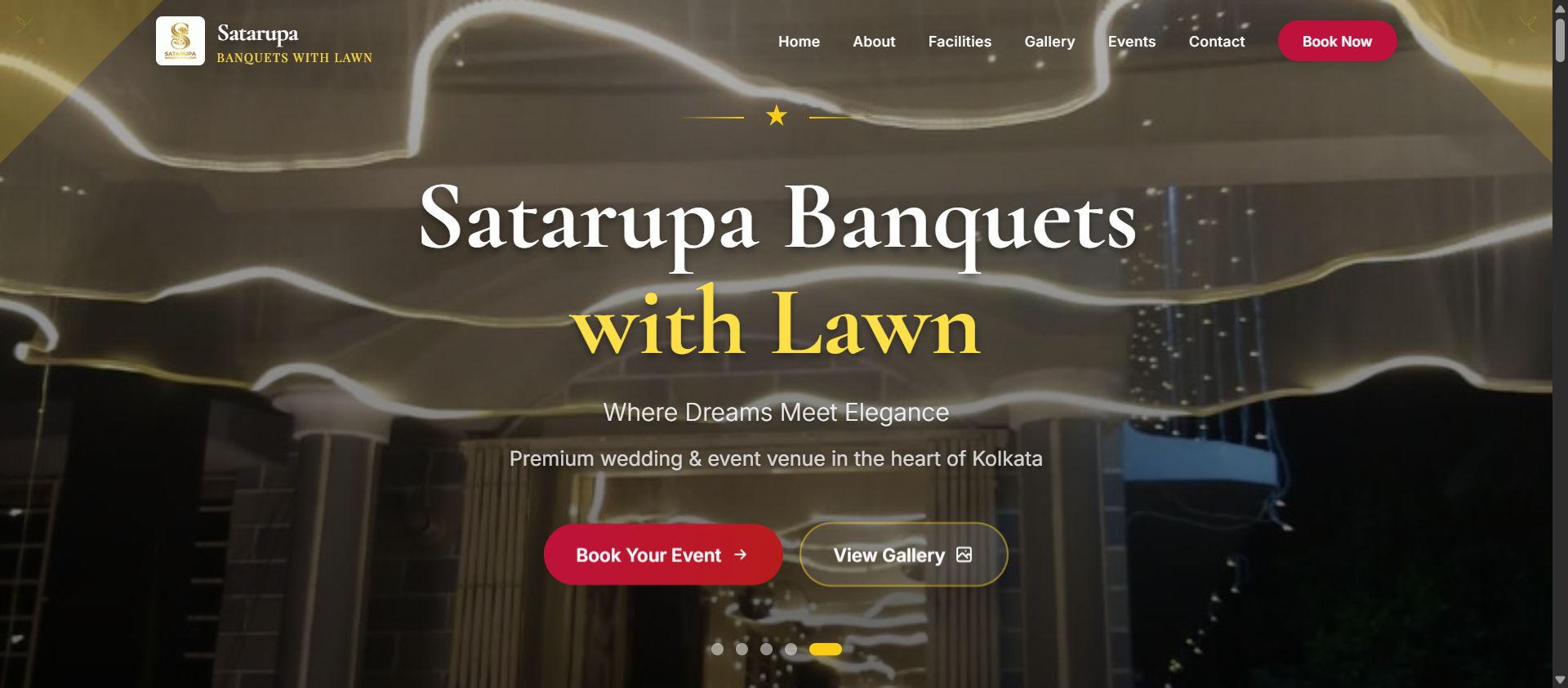 Satarupa Banquets with Lawn hero — full-screen wedding stage slider with Book Your Event and View Gallery calls to action