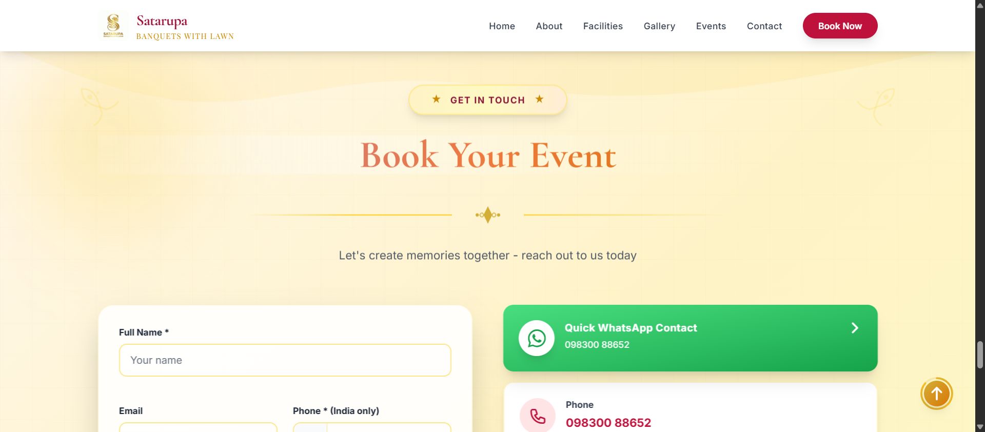 Book Your Event contact section with enquiry form and WhatsApp card on desktop