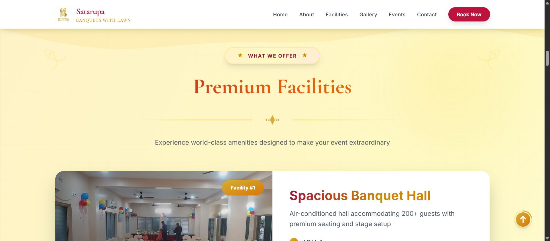 Premium Facilities section with banquet hall, lawn, and catering cards on desktop