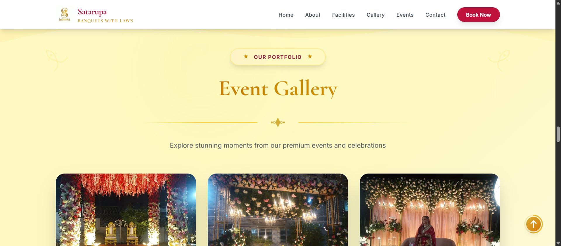 Event Gallery grid with wedding stage and lawn photos on desktop