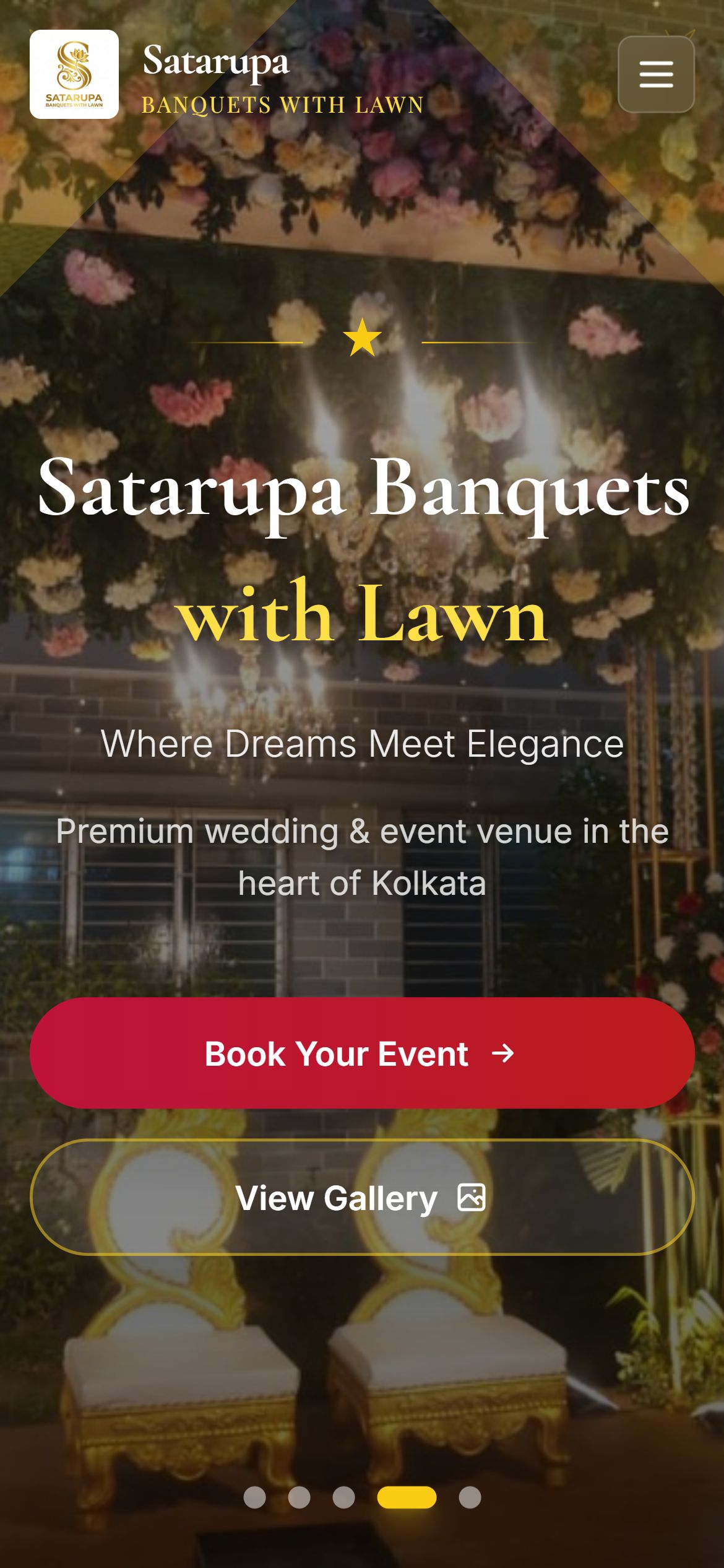 Satarupa Banquets hero stacked for mobile with full-width Book Your Event button