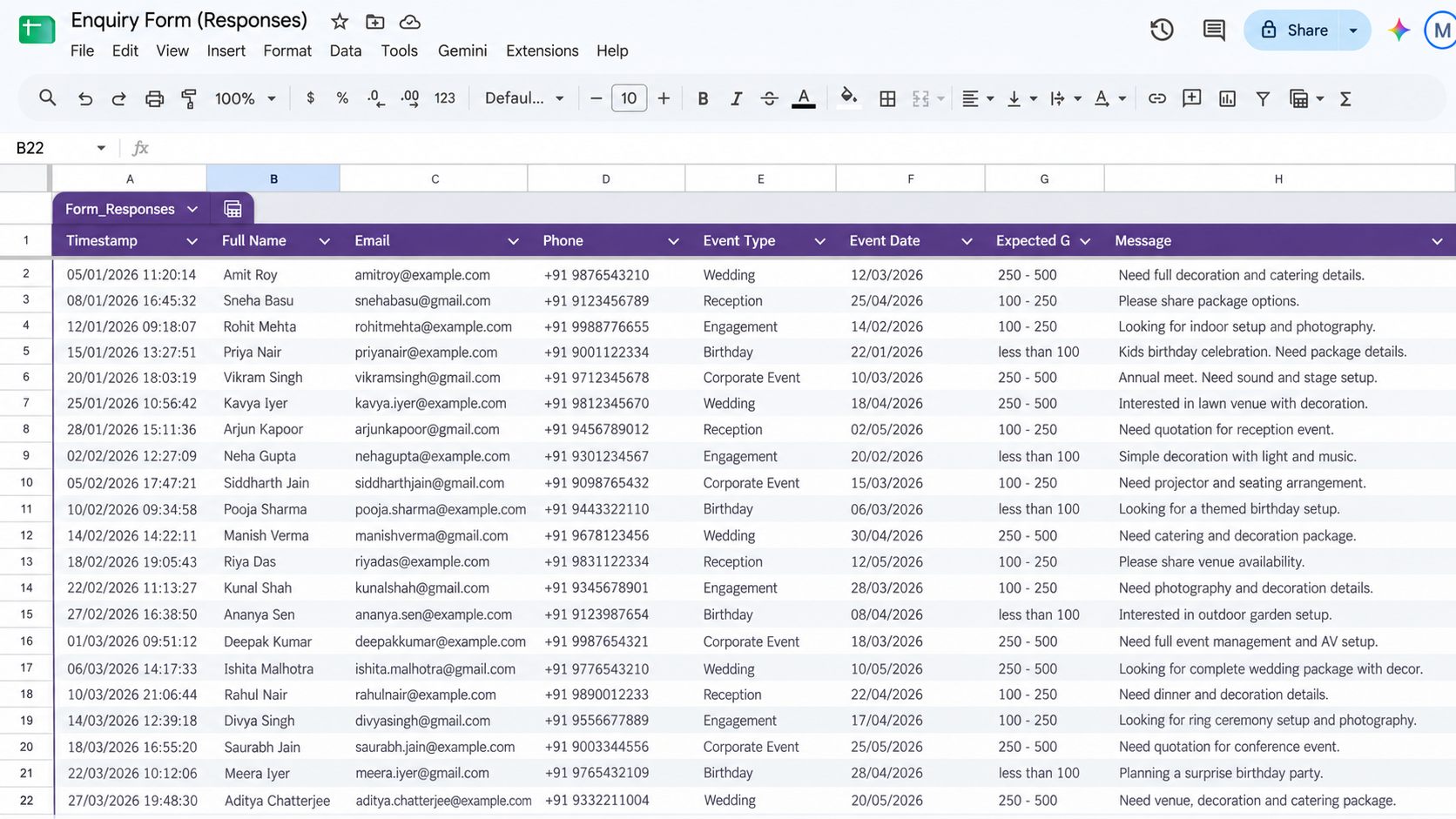 Google Sheets Enquiry Form Responses showing Timestamp, Full Name, Email, Phone, Event Type, Event Date, Expected Guests and Message columns with website leads